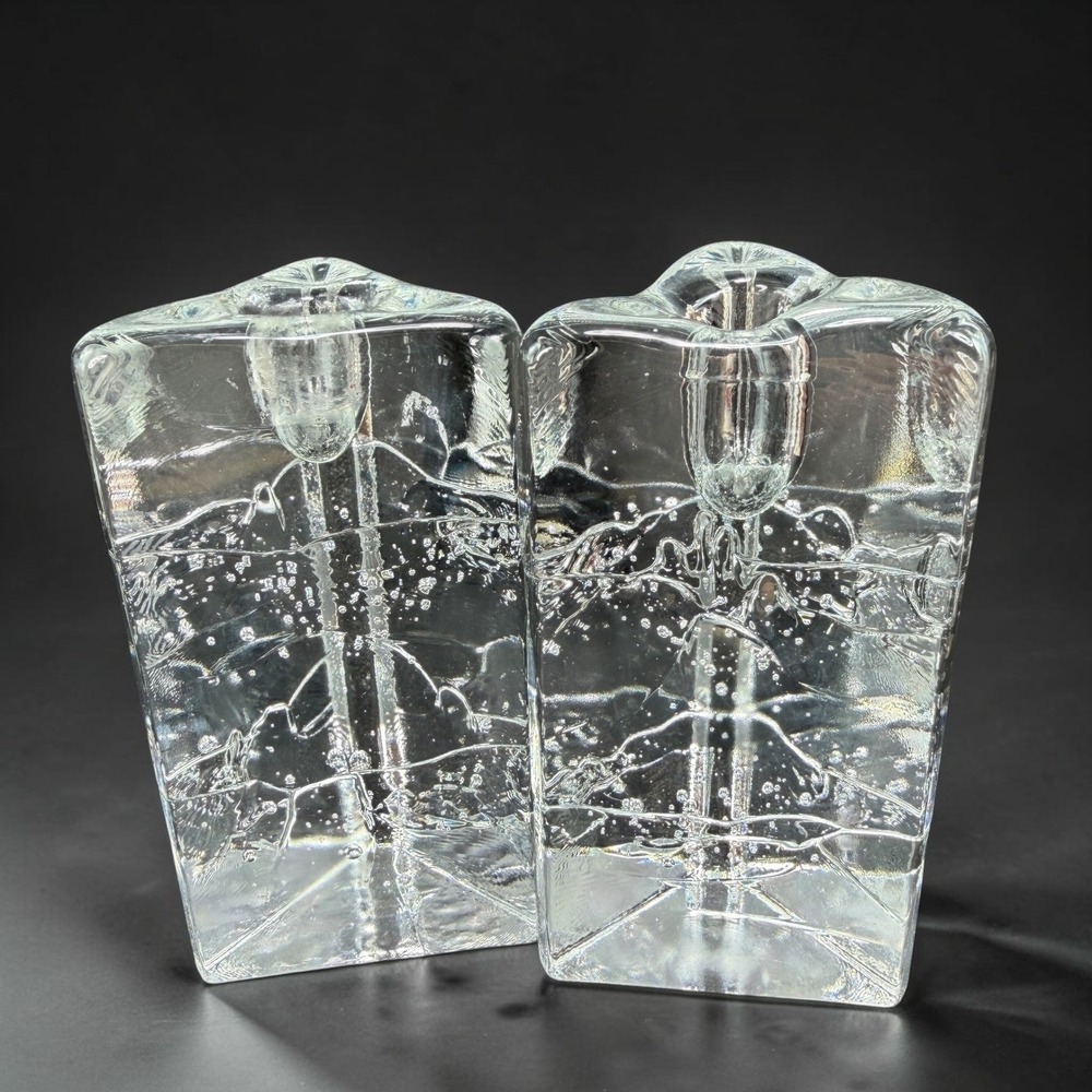 Iittala Tunturi Clear Ice Glass Candle Holder Pair Timo Sarpaneva Finland Set